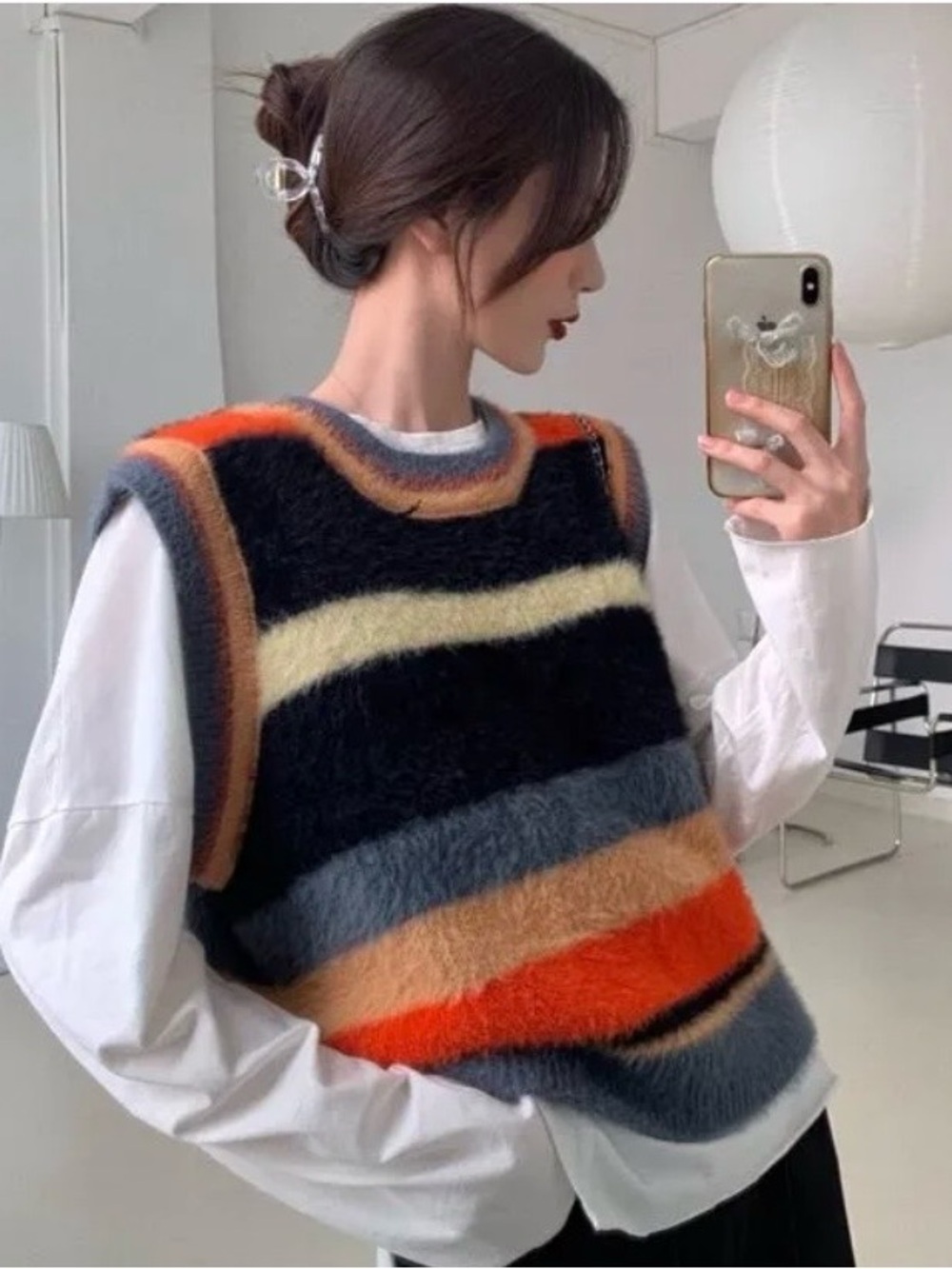 Fuzzy Striped Oversized Sweater Hipster Dandy Vest Size Medium
